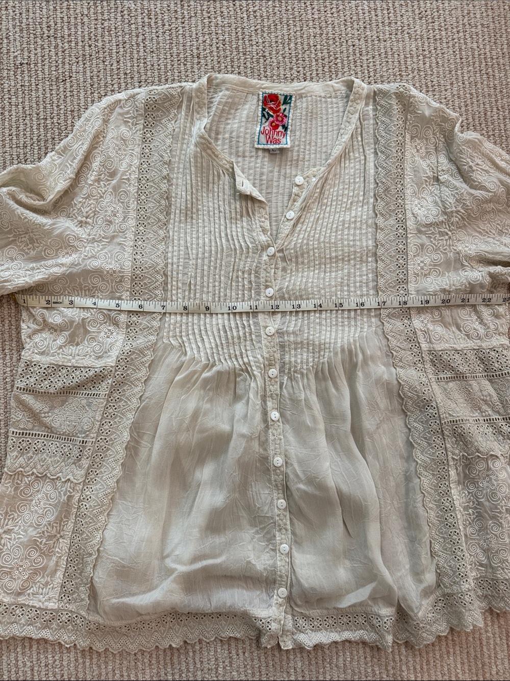 Johnny Was Cream Lace & Pintuck Button-Front Blouse - Picture 9 of 12